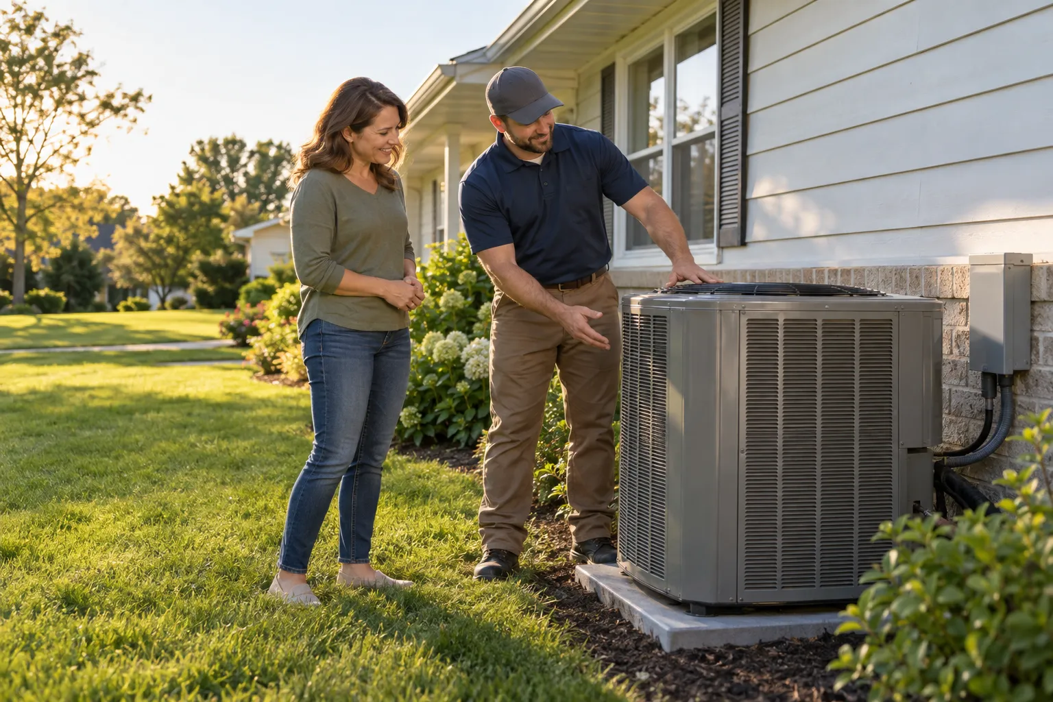 A homeowner talking with a friendly HVAC provider beside an outdoor air conditioner in De Soto